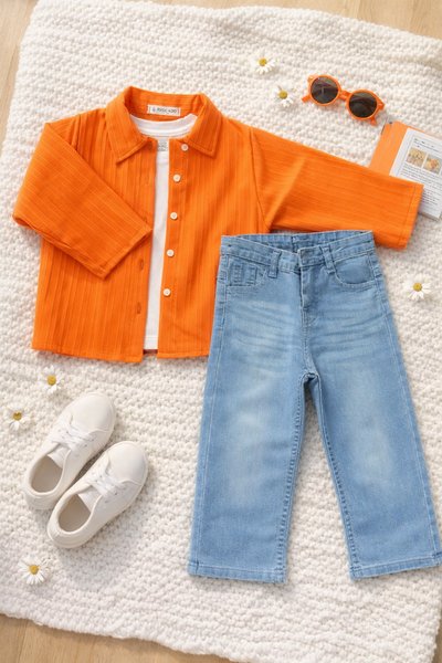 Soft Linen Baggy shirt White Plain Tee Dust Blue Straight Jeans (3pcs)