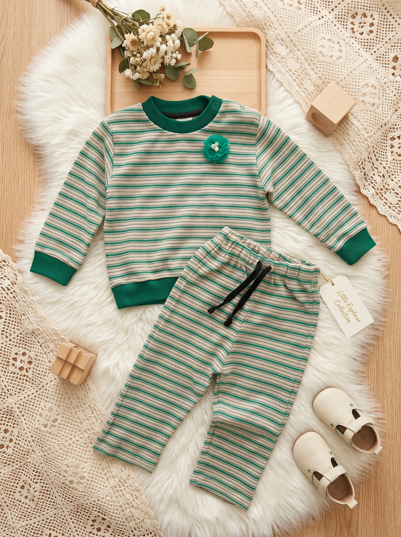 Mint Stripe Flower Full Sleeves Shirt & Trouser Infant