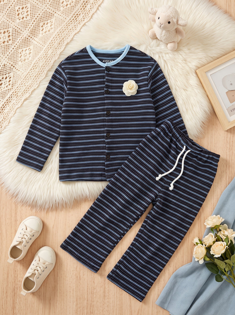 Dark Navy Stripe Blossom Knit 2 Piece Set