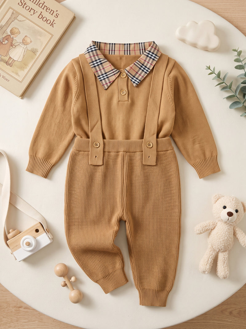 Classic Camel Check Collar Sweatshirt & Suspender Set