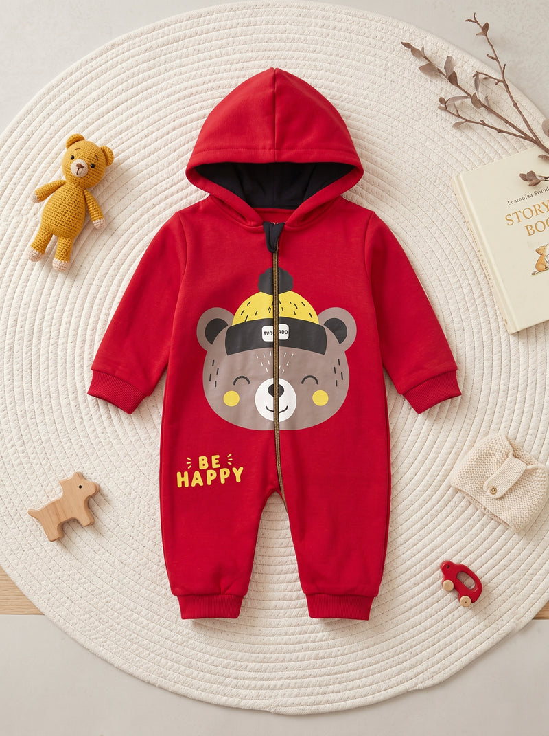 Cherry Red Bear Print Hooded Zip-Up Romper