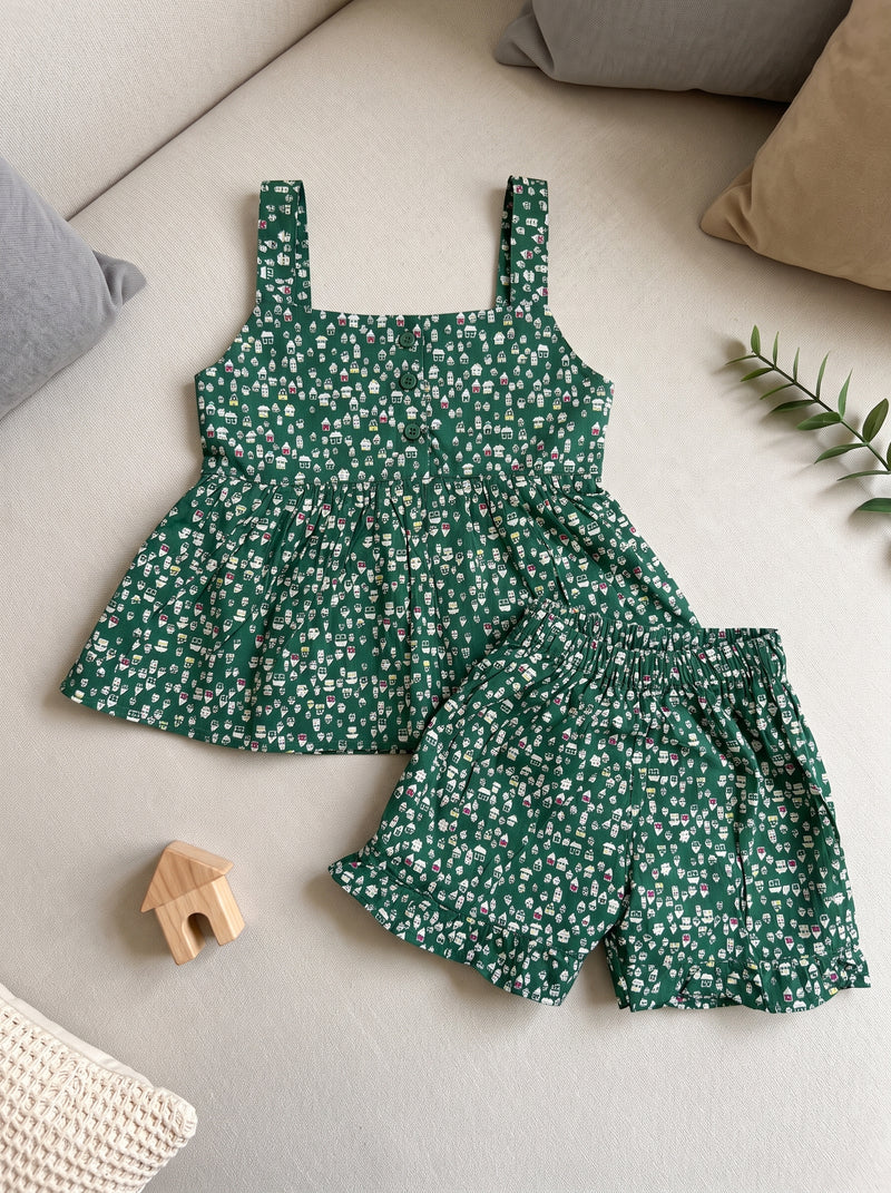 Forest Green Printed Frock & Short