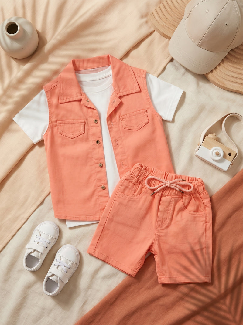 Coral Orange Sleeveless Shirt & Short (Without Inner)