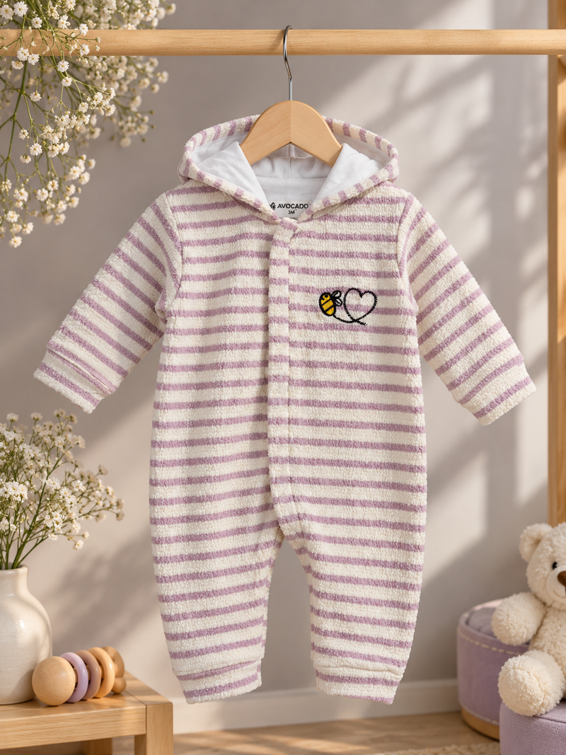 Premium Lilac Bee Heart Grip Fleece Romper