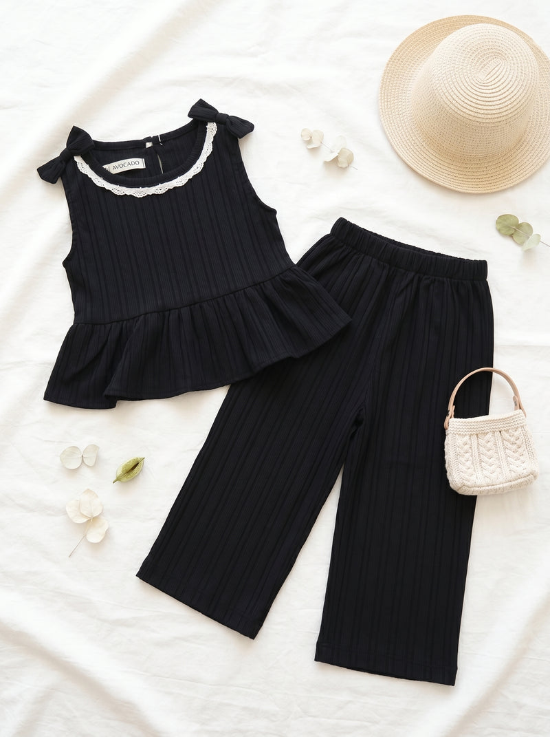 Lace Neck Ribbed Frock & Trouser