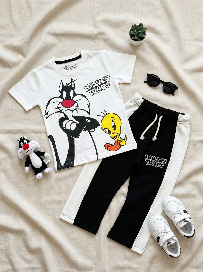 Looney Tunes Printed Tee & White Panel Trouser