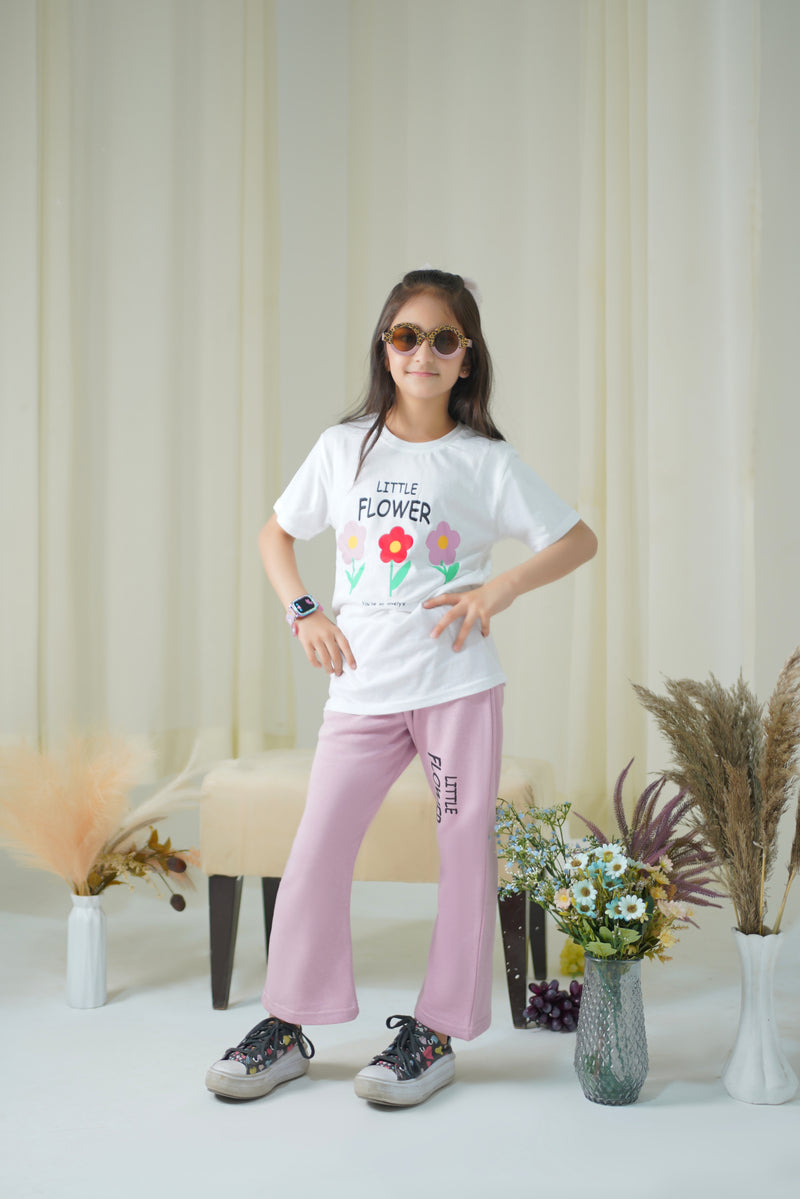 Little Flower White Tee & Pink Terry Trouser