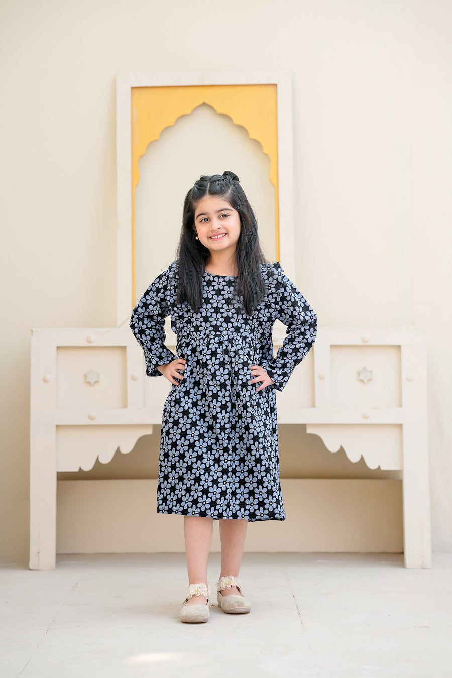 Elegant Black & Blue Buttercup Flower Pattern Frock