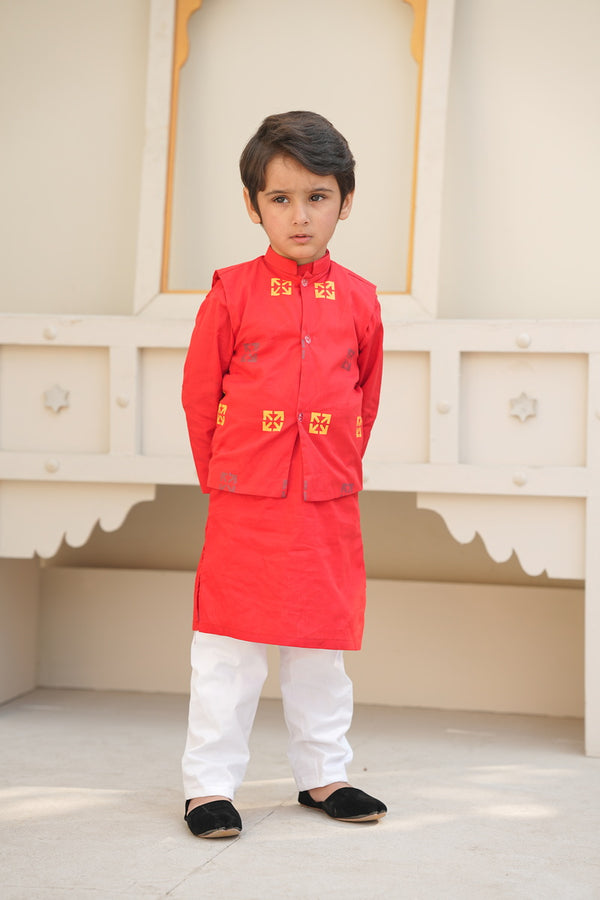 Red Cotton Kurta With Bold - Elegant Print Waistcoat  & White Trouser (3pcs)