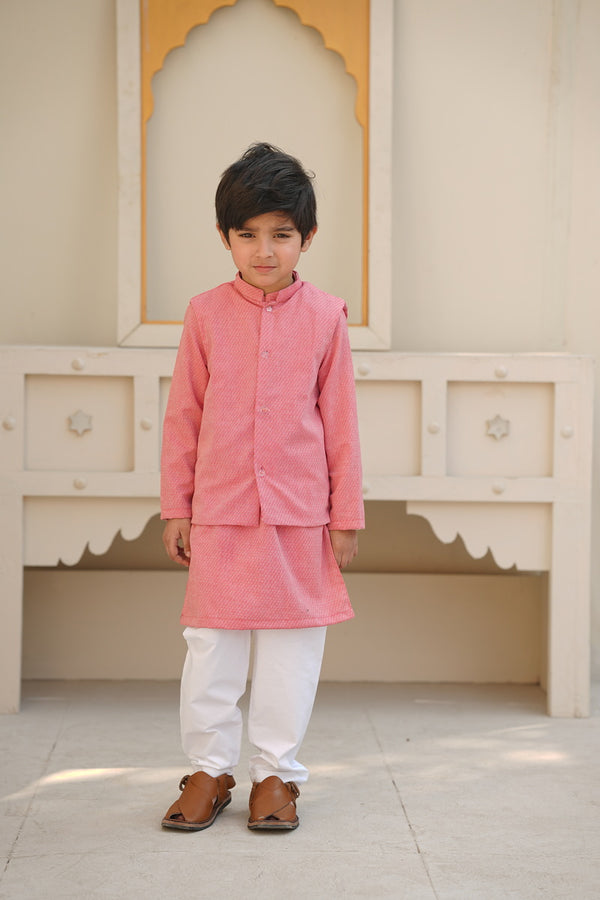 Grace In Every Thread Pink Kurta - Matching Waistcoat & White Trouser (3pcs)