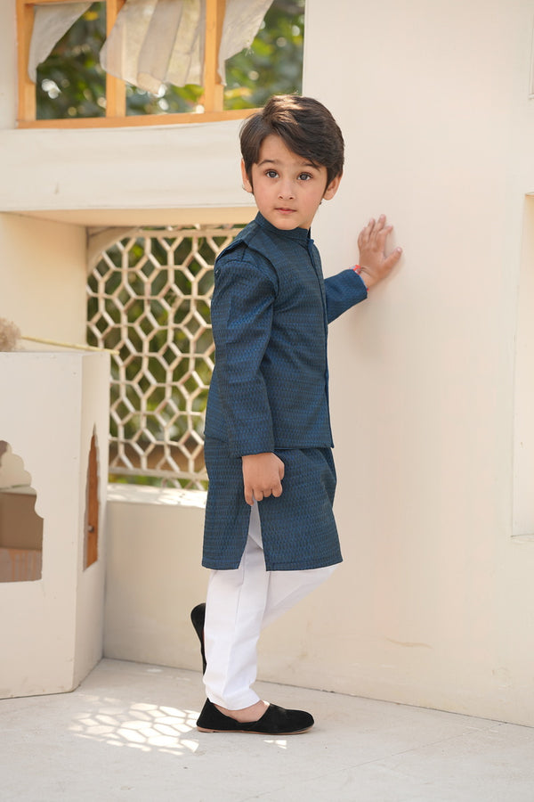 Navy Blue Textured Kurta With Waistcoat