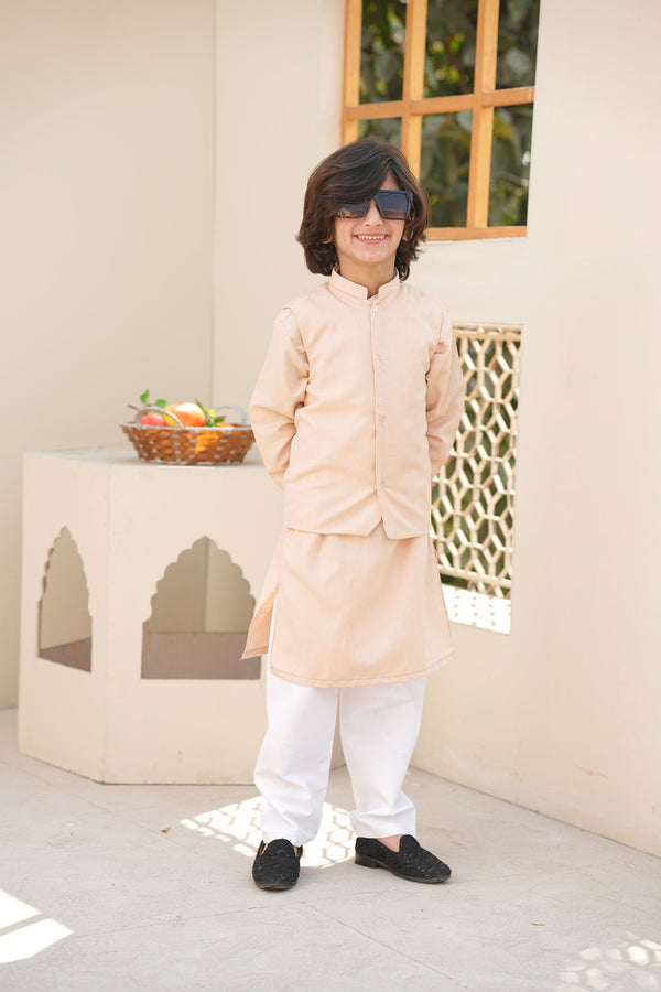 Cream Embroidered Kurta -  Matching Waistcoat & White Trouser ( 3 pcs )