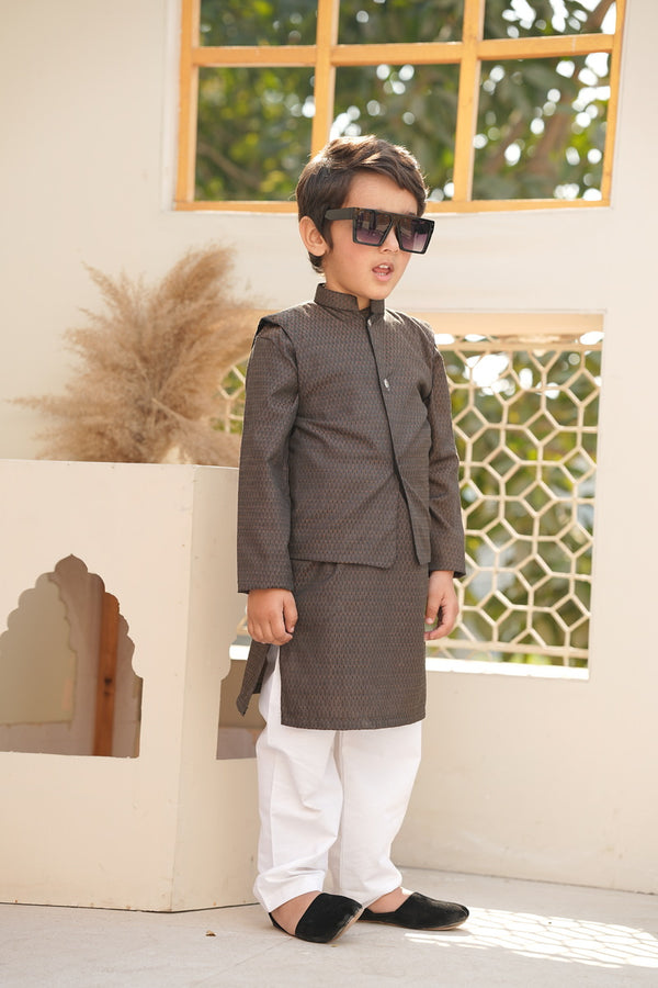 Olive Green Diamond Patternend Kurta - Matching Waistcoat  & White Trouser ( 3pcs )