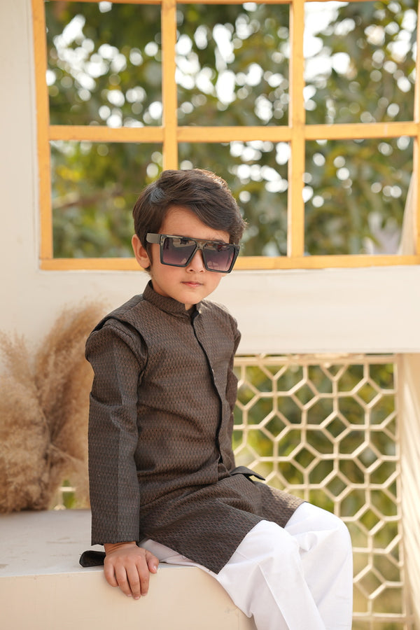 Olive Green Diamond Patternend Kurta With Matching Waistcoat