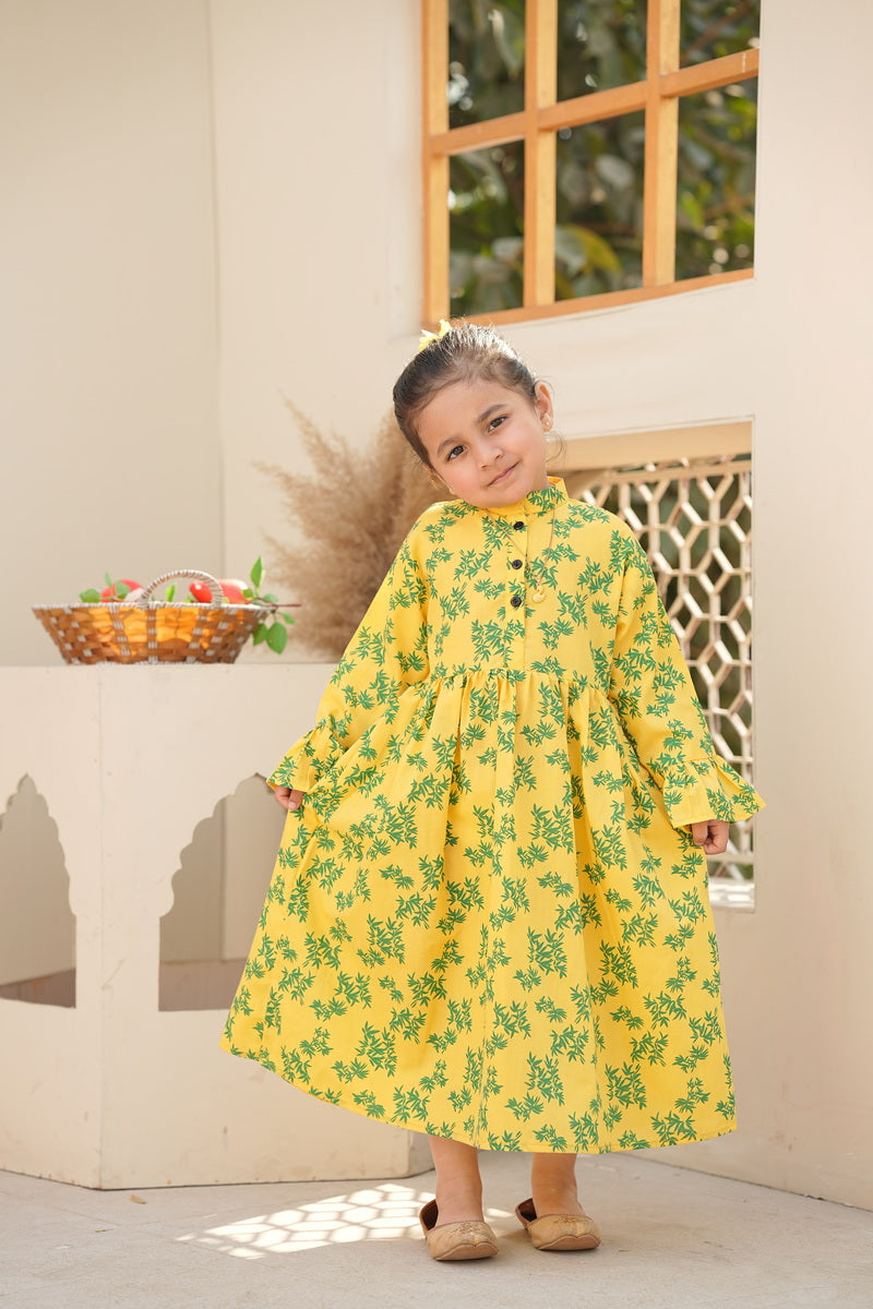 Yellow & Green Leaves Printed Frock