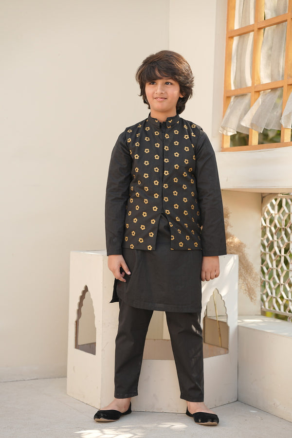 Black Kurta Pajama With Yellow Flower Waistcoat