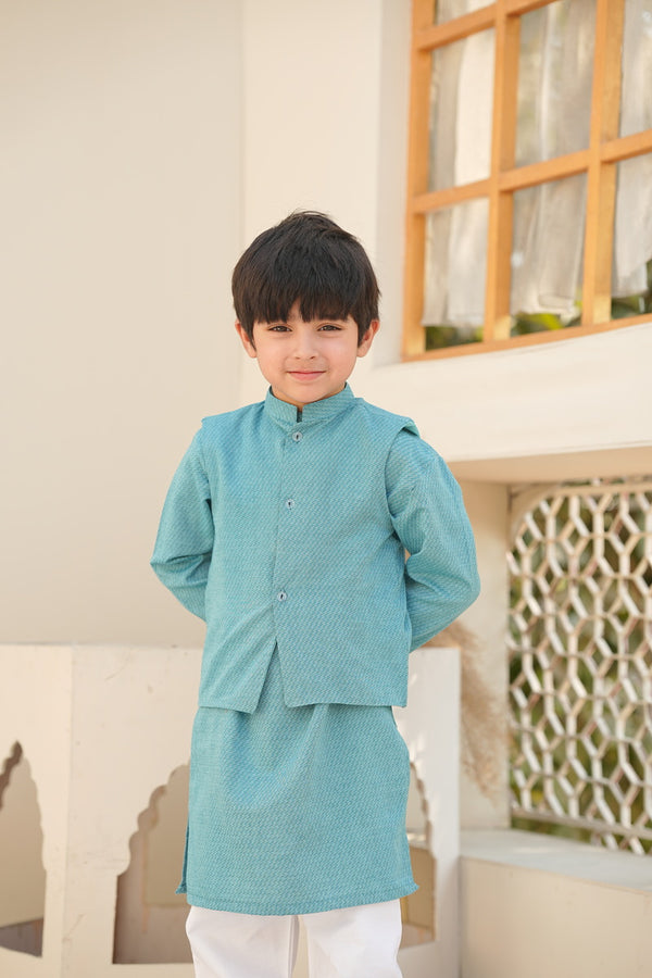 Grace In Every Thread Ferozi Kurta - Matching Waistcoat & White Trouser (3pcs)