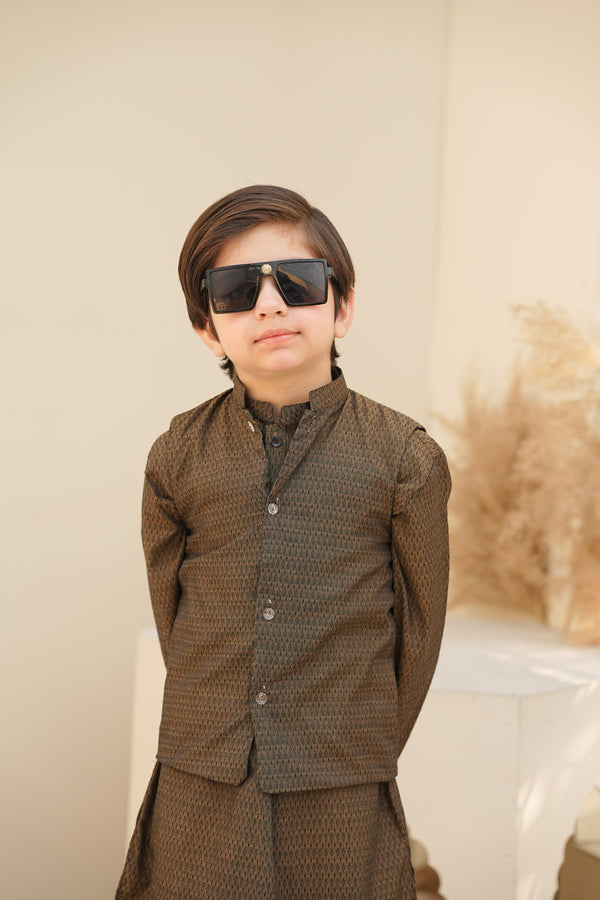 Chocolate Brown Diamond Patternend Kurta With Matching Waistcoat & White Trouser  (3pcs)