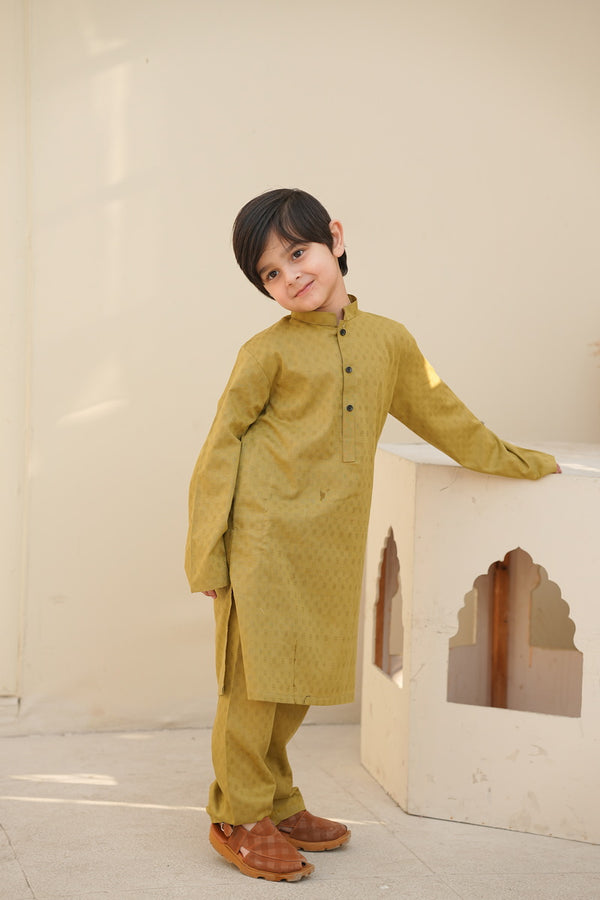 Olive Green Geometric Self Kurta & Matching Trouser