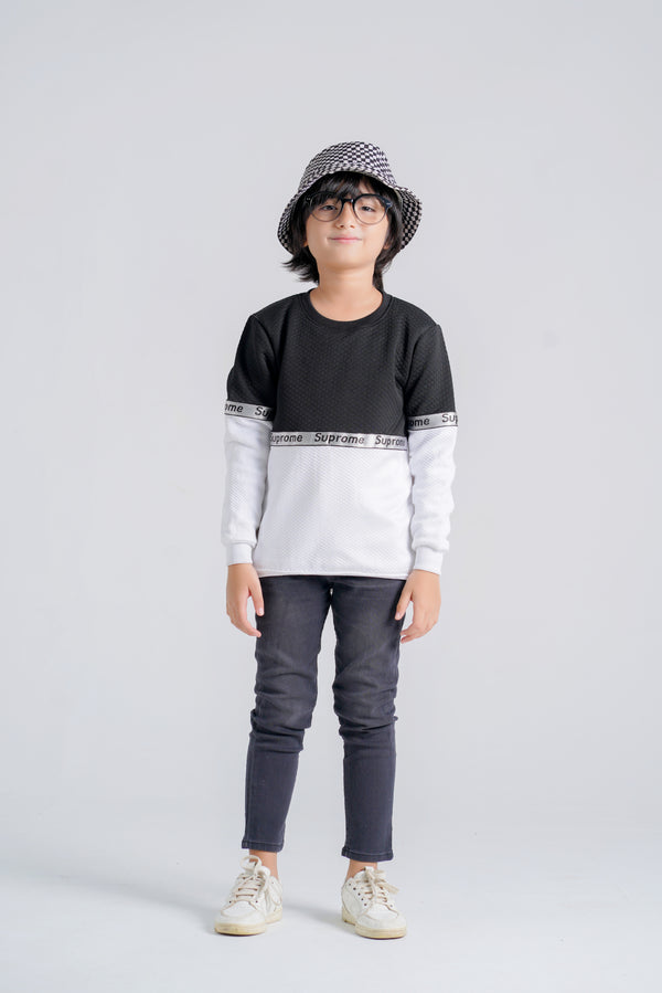 Black & White Striped Suprome Embossed Fleece Sweatshirt