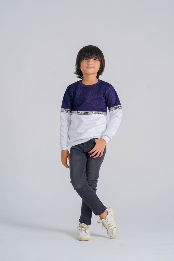Navy & White Striped Suproma Embossed Fleece Sweatshirt