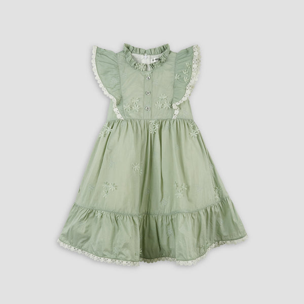 Elegant Pista Green Frock with Floral & Lace Embroidery