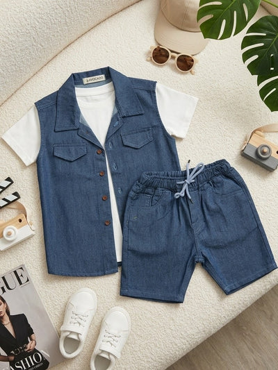 Denim Blue Sleeveless Shirt & Short With Premium White Tee ( 3PCS )
