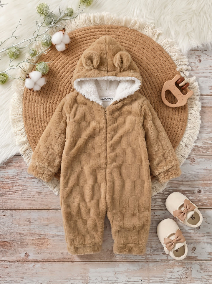 Camel Beige Cozy Grid Fur Hooded Romper