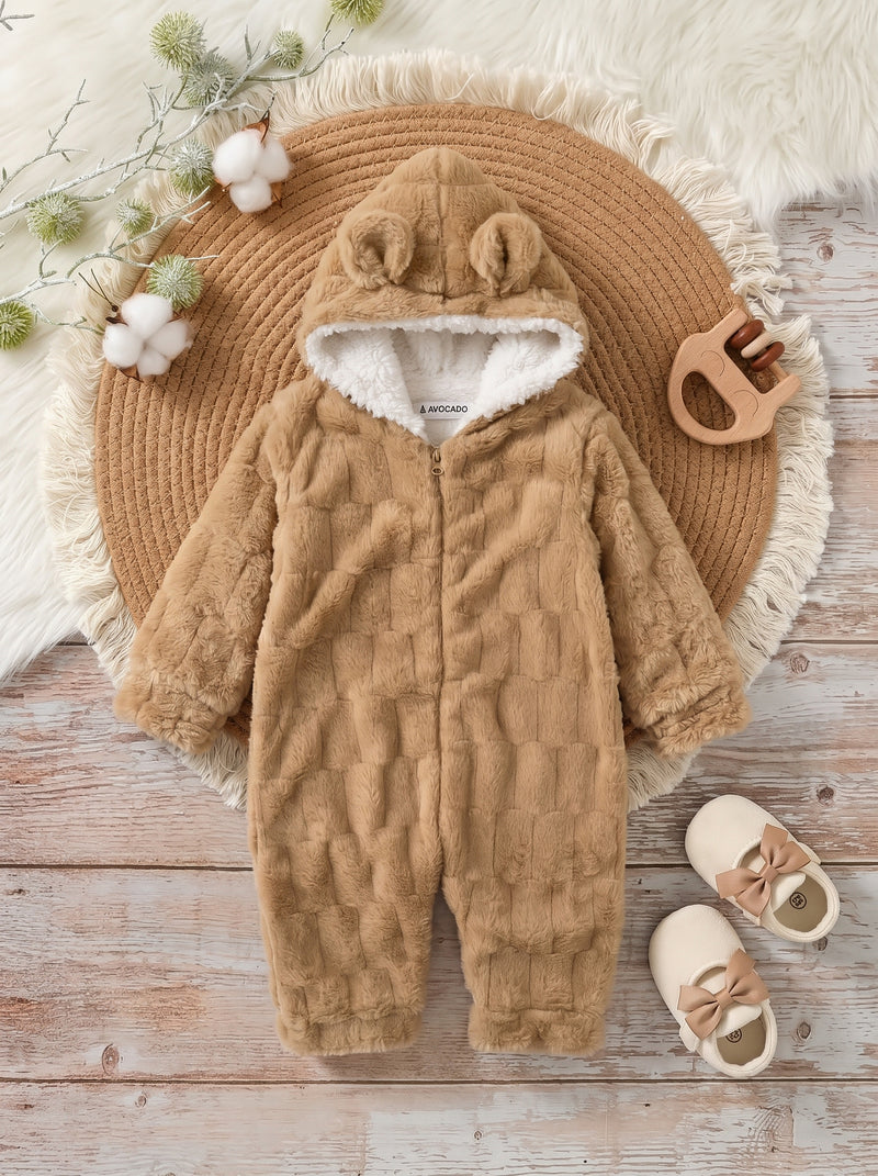 Camel Beige Cozy Grid Fur Hooded Romper