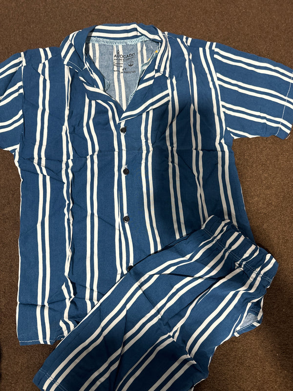 Resort Collar Blue & White Double Lines Shirt & Short