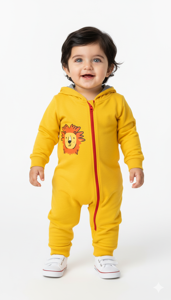 Yellow Lion Print Baby Hooded Winter Romper