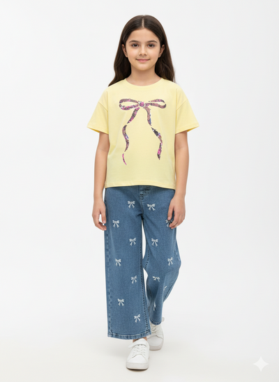 Yellow Sequin Bow Down Shoulder Tee &  Cutie Bow Wide Jeans