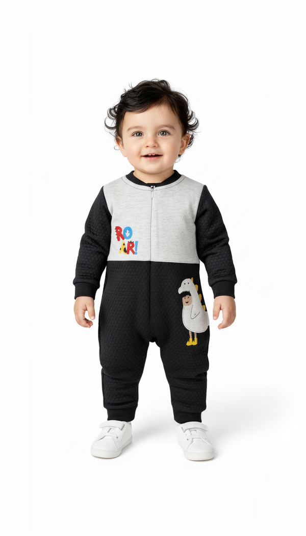 Dino Baby White/Black Panel Embossed Romper