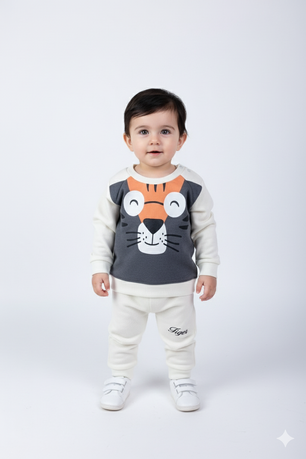 Smiling Tiger Print Kids Fleece Sweatshirt & Trouser Infant