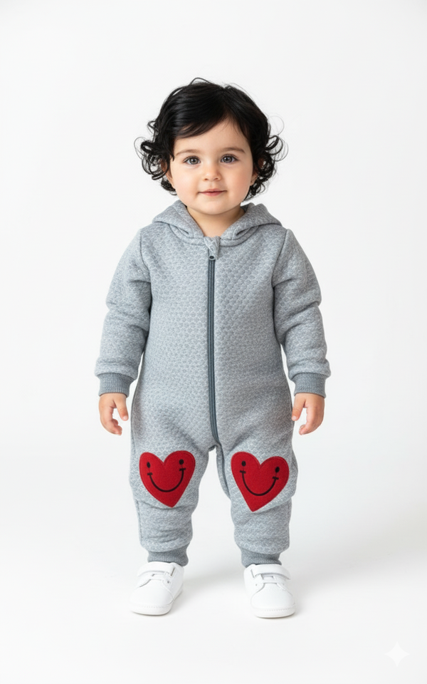 Smiley Red Heart Embossed Premium Grey Romper
