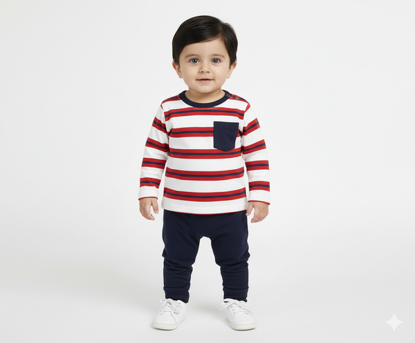 Navy Striped Pocket Full Sleeves Shirt & Trouser Infant