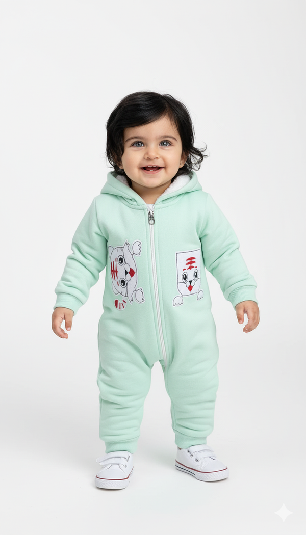 Tiny Tiger Sea Green Hooded Fleece Warm Romper
