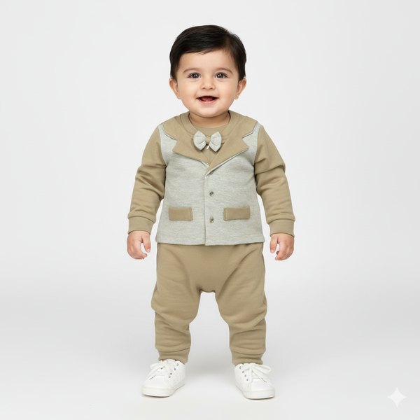 Elegant Baby Tuxedo Brown Romper with Bow Tie