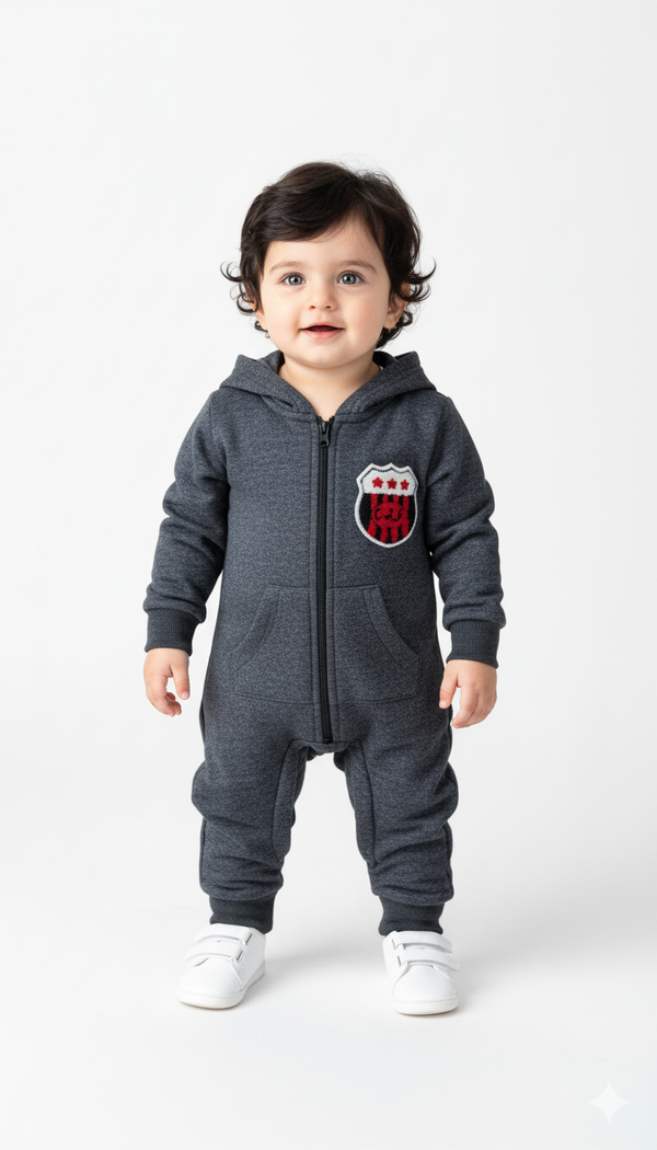 Black Fleece Romper With Crest Patch