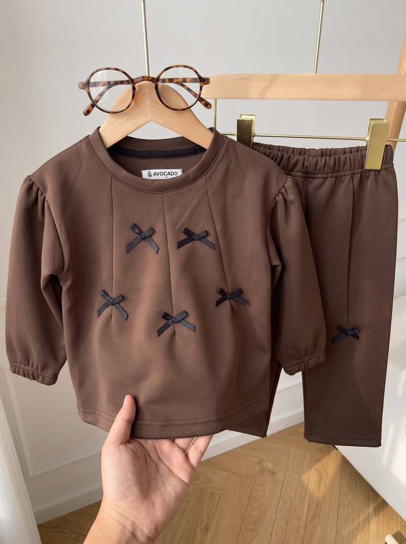 Brown Ribbon Bow Detail Top & Trouser Set