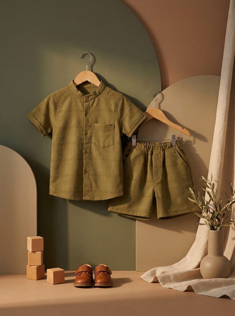 Golden Olive Textured Stripe Shirt & Short