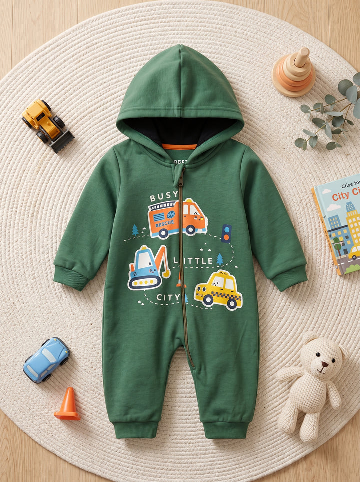 Sage Green Busy Little City Hooded Romper