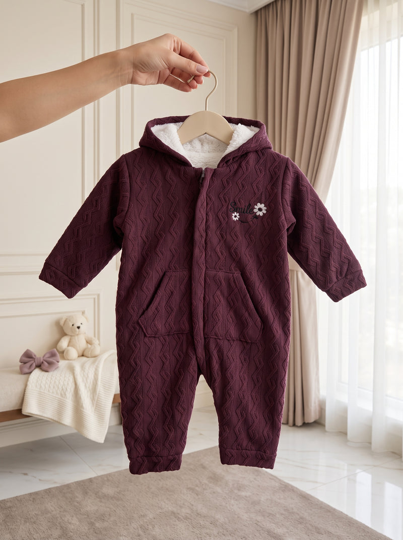 Plum Smile Flower Embroidered Fur Hooded Romper