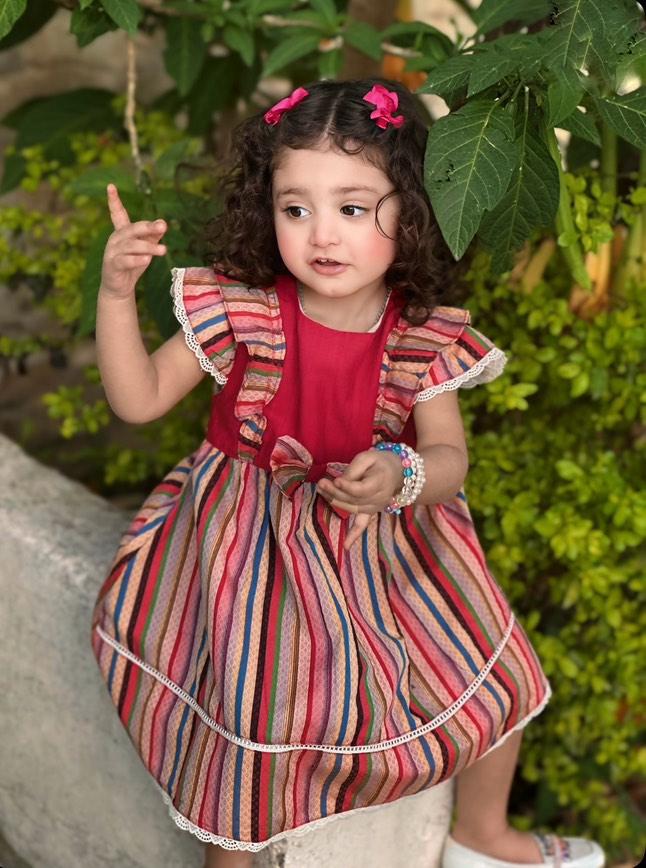 Colourful Striped Printed Frock with Lace Detailing