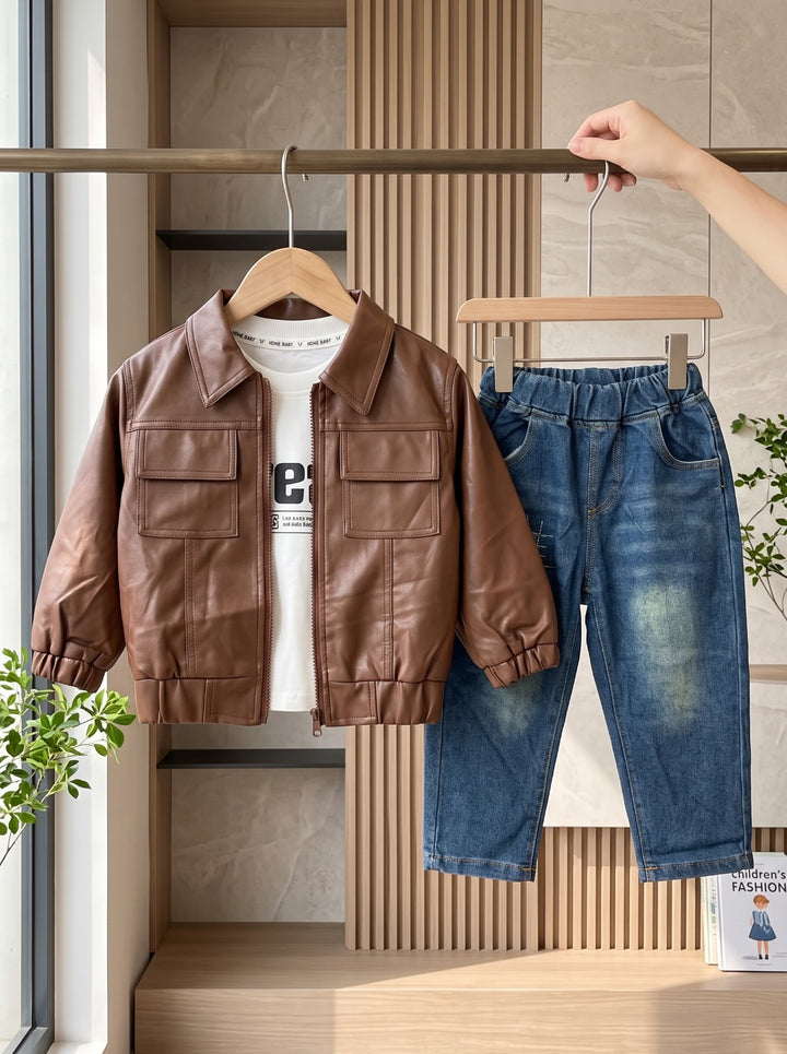 Premium Brown Multi Pocket Jacket, Graphic Tee & Washed Denim 3 Piece Set