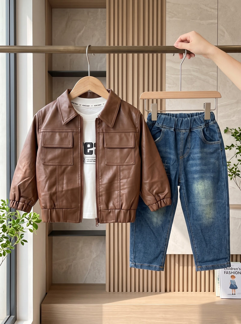 Premium Brown Multi Pocket Jacket, Graphic Tee & Washed Denim 3 Piece Set