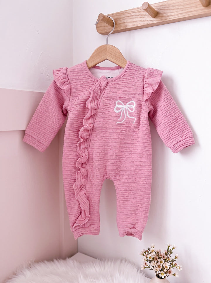 Textured Fleece Ruffle Bow Pink Romper