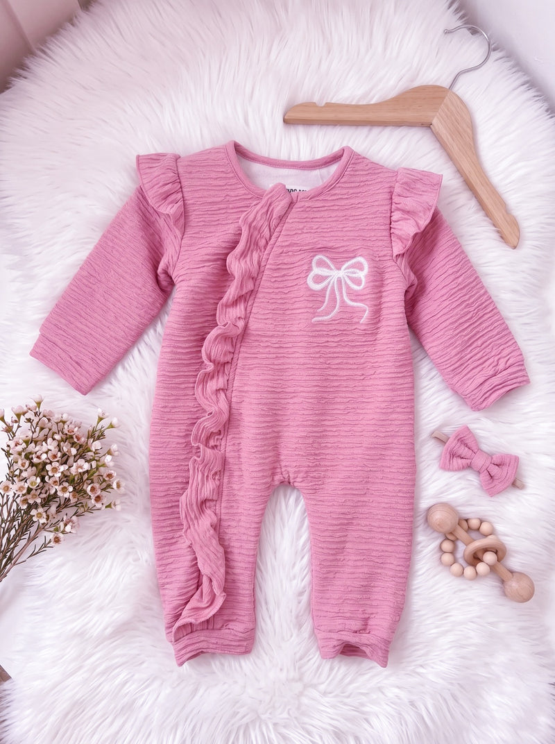 Textured Fleece Ruffle Bow Pink Romper