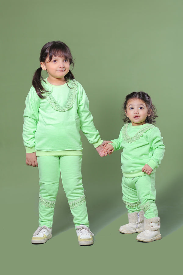 Lace Trim Pista Green Fleece Sweatshirt & Trouser