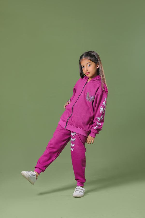 Butterfly Bling Deep Pink Fleece Zip Up Hoodie & Trouser